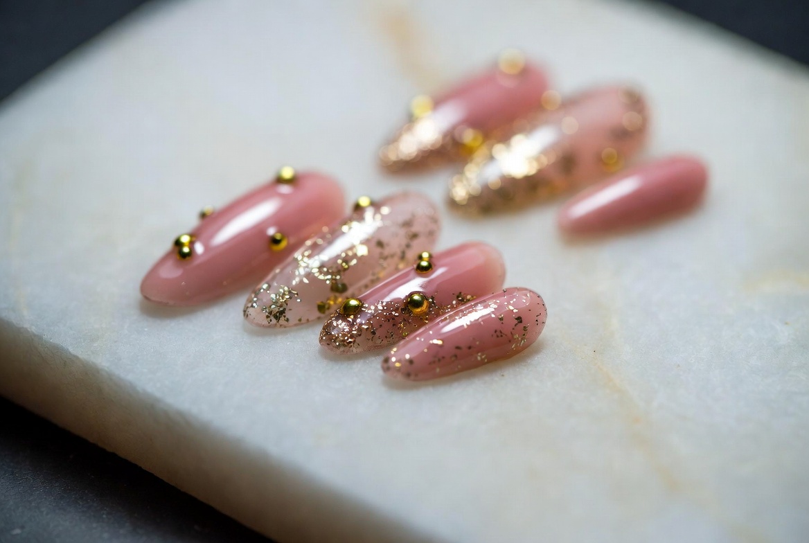 Soft pink almond nails with gold beads and glitter