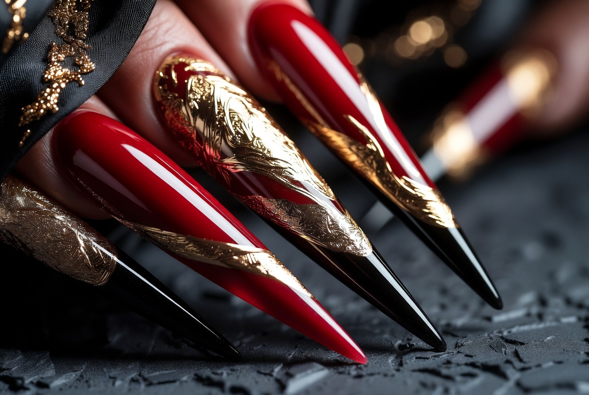 Deep red stiletto nails with gold leaf