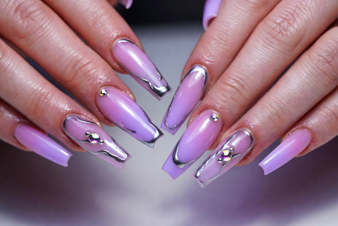 Lilac coffin nails with chrome accents and crystals