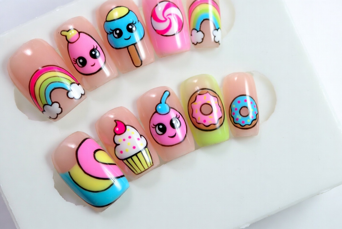 Cute cartoon short nails with rainbow and sweets